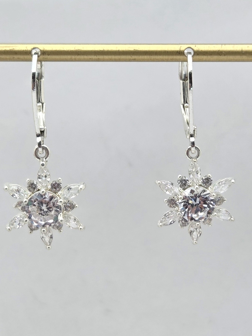 Silver Tone Snowflake Dangle Earrings CZ Starburst Leverback